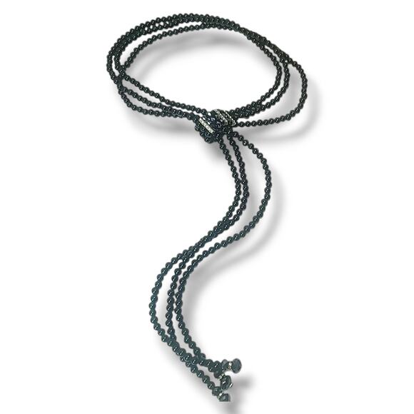 Estate Jewelry - Black Bead‎ Triple Strand Lariat Necklace White Rhinestone Accents 26"
